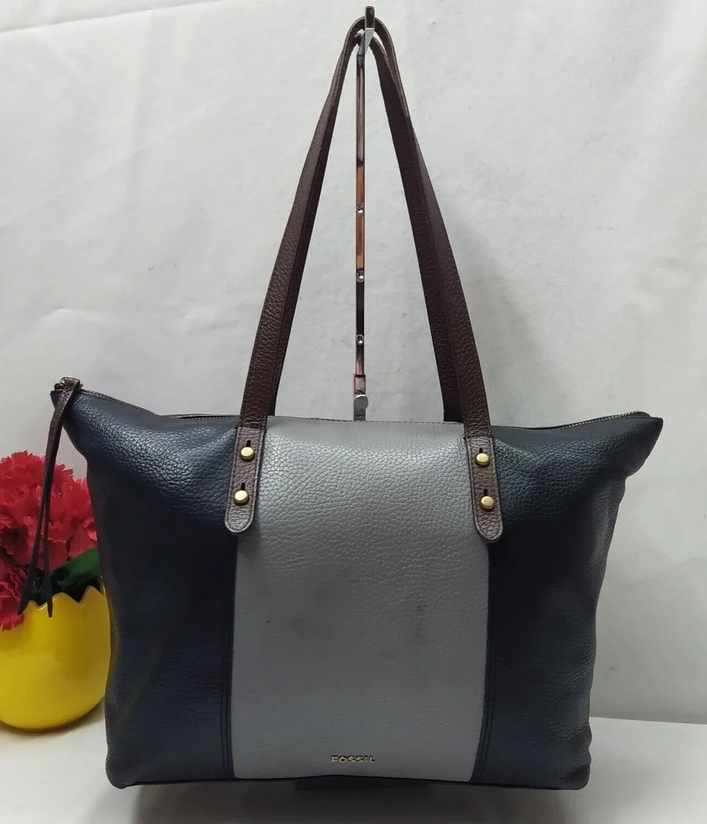 Fossil Colorblock Black Gray Pebbled Leather Double Handle Satchel Shoulder Bag